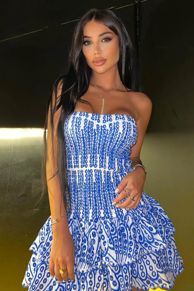 Women's Strapless Ruched Mini Dress with Ruffle Tiered Skirt