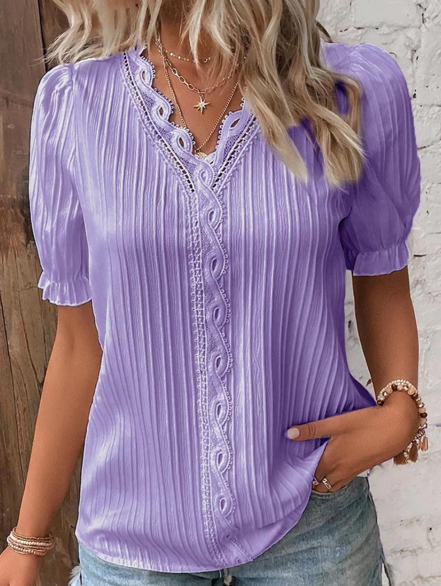 Women's Pleated V-Neck Blouse with Puff Sleeves and Lace Trim