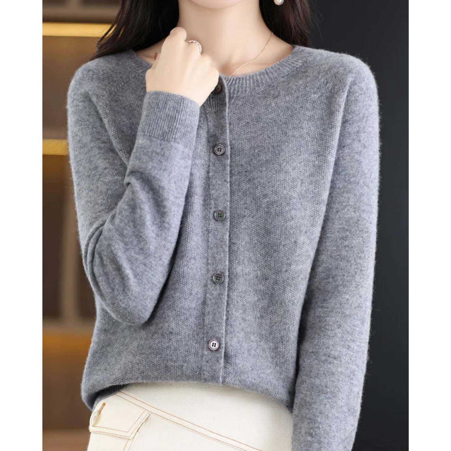 Women's Soft Knit Cardigan with Round Neck and Button Closure