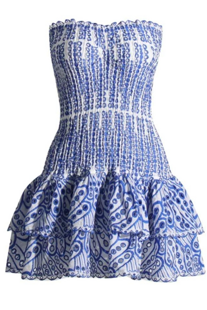 Women's Strapless Ruched Mini Dress with Ruffle Tiered Skirt