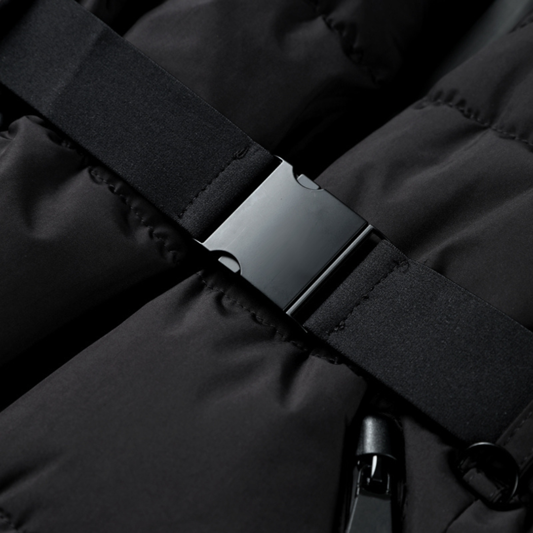 Women's Black Waterproof Belted Puffer Jacket with High Collar