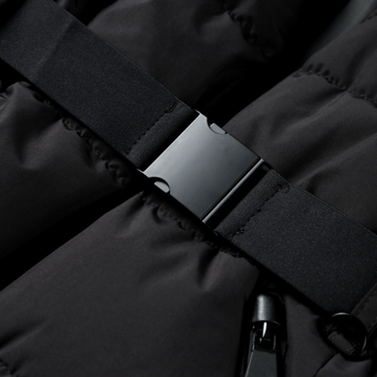 Women's Black Waterproof Belted Puffer Jacket with High Collar