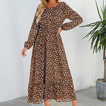 Women's Long Sleeve Maxi Dress with Floral Print and Cinched Waist