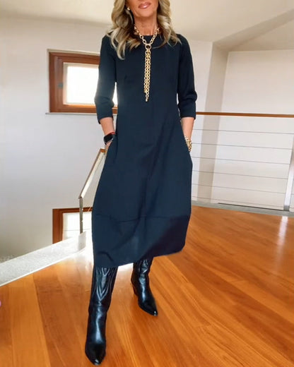 Women’s Elegant Midi Dress – 3/4 Sleeve Minimalist Workwear Style