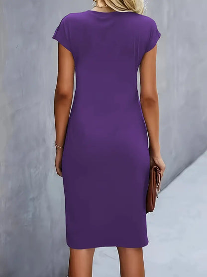 Women's Knee-Length Sheath Dress with Ruched Waist and Cap Sleeves