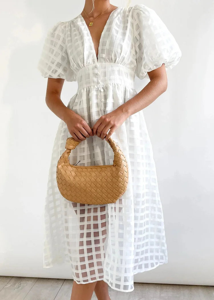 Women's Midi Dress with Puff Sleeves and Grid Pattern