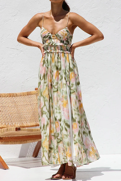 Women's Printed Maxi Dress with Spaghetti Straps and Side Slit
