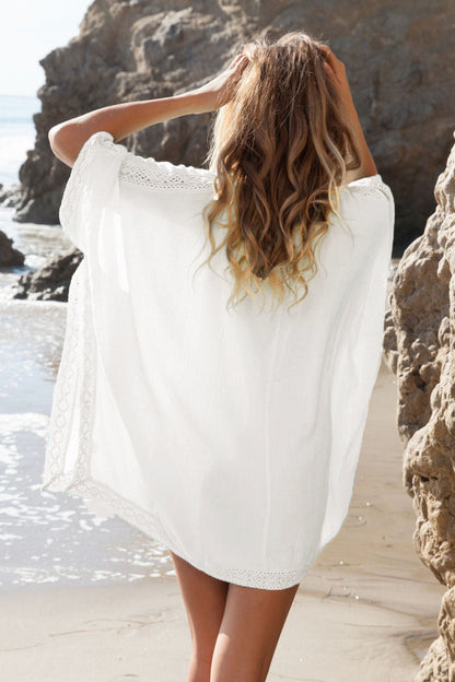 Women's V-Neck Beach Cover-Up Tunic Dress with Crochet Trim