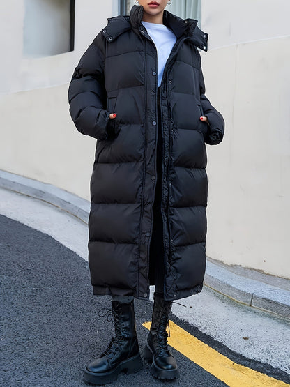 Women's Long Black Puffer Jacket with Hood and Full-Length Quilted Design