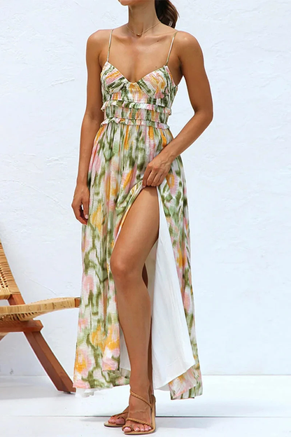 Women's Printed Maxi Dress with Spaghetti Straps and Side Slit