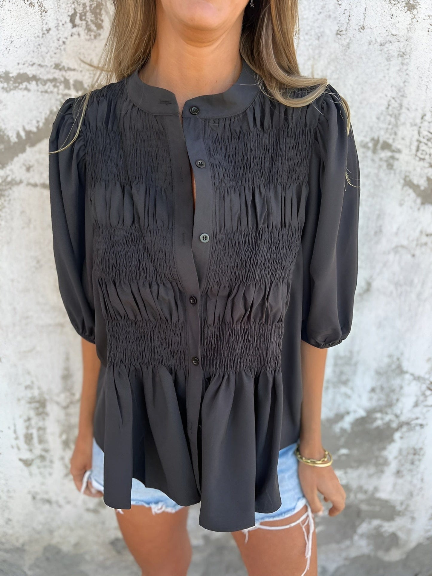 Women's Button-Up Blouse with Smocked Bodice and Puff Sleeves