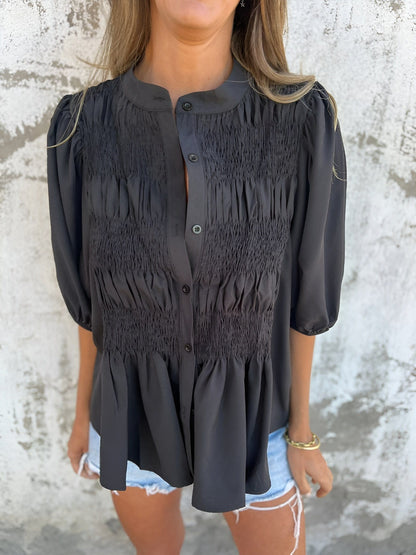 Women's Button-Up Blouse with Smocked Bodice and Puff Sleeves