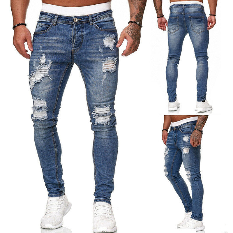 Men’s Ripped Skinny Jeans – Vintage Wash Street Style Slim Fit Denim Pants