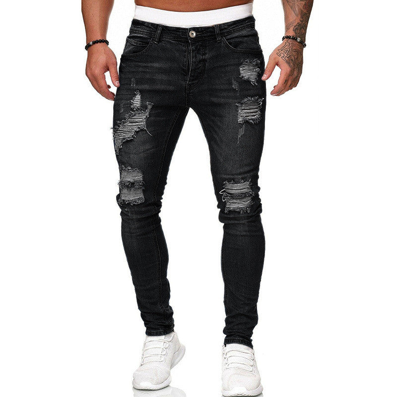 Men’s Ripped Skinny Jeans – Vintage Wash Street Style Slim Fit Denim Pants