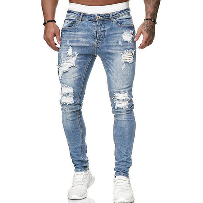 Men’s Ripped Skinny Jeans – Vintage Wash Street Style Slim Fit Denim Pants