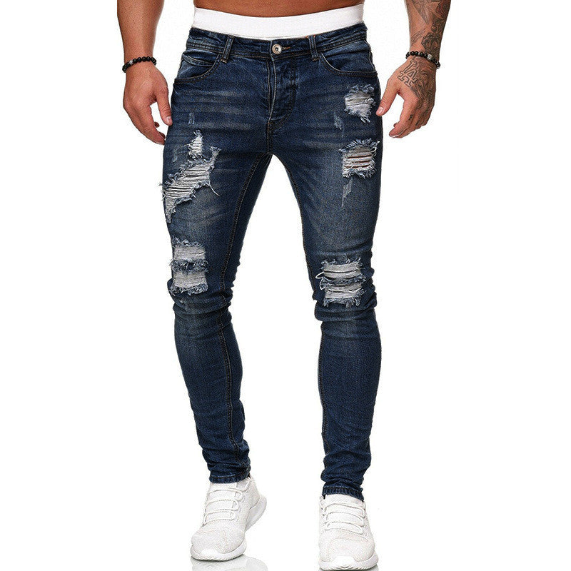 Men’s Ripped Skinny Jeans – Vintage Wash Street Style Slim Fit Denim Pants