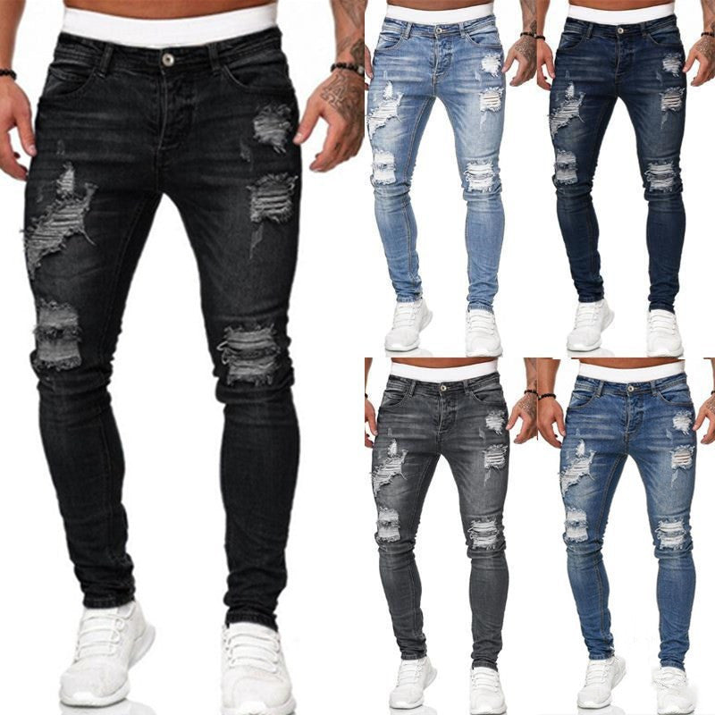 Men’s Ripped Skinny Jeans – Vintage Wash Street Style Slim Fit Denim Pants
