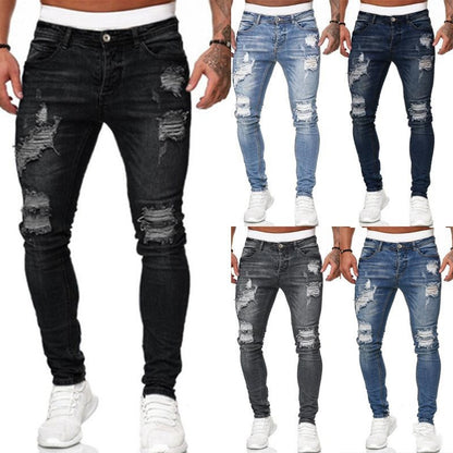 Men’s Ripped Skinny Jeans – Vintage Wash Street Style Slim Fit Denim Pants