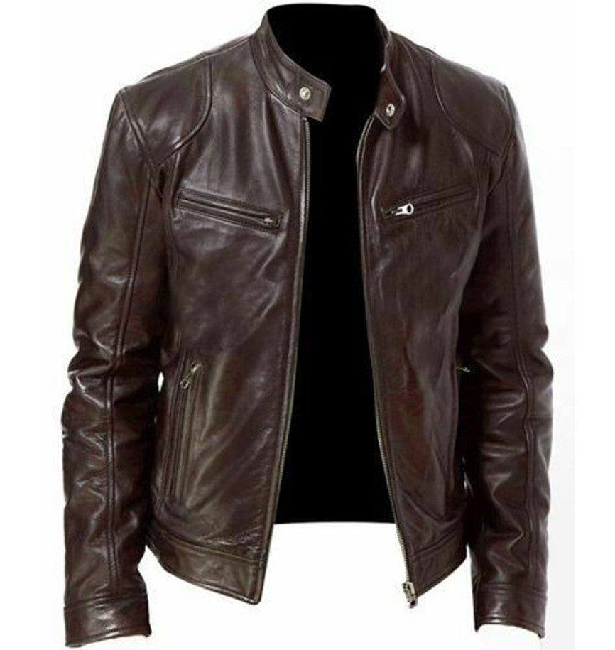 Men's Sleek Leather Jacket with Zip Closure and Stand Collar Design
