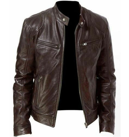 Men's Sleek Leather Jacket with Zip Closure and Stand Collar Design