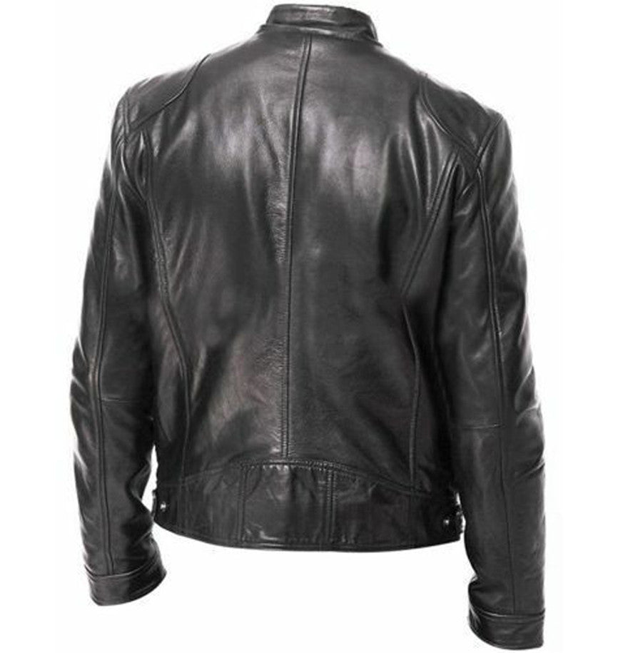 Men's Sleek Leather Jacket with Zip Closure and Stand Collar Design