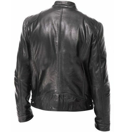 Men's Sleek Leather Jacket with Zip Closure and Stand Collar Design