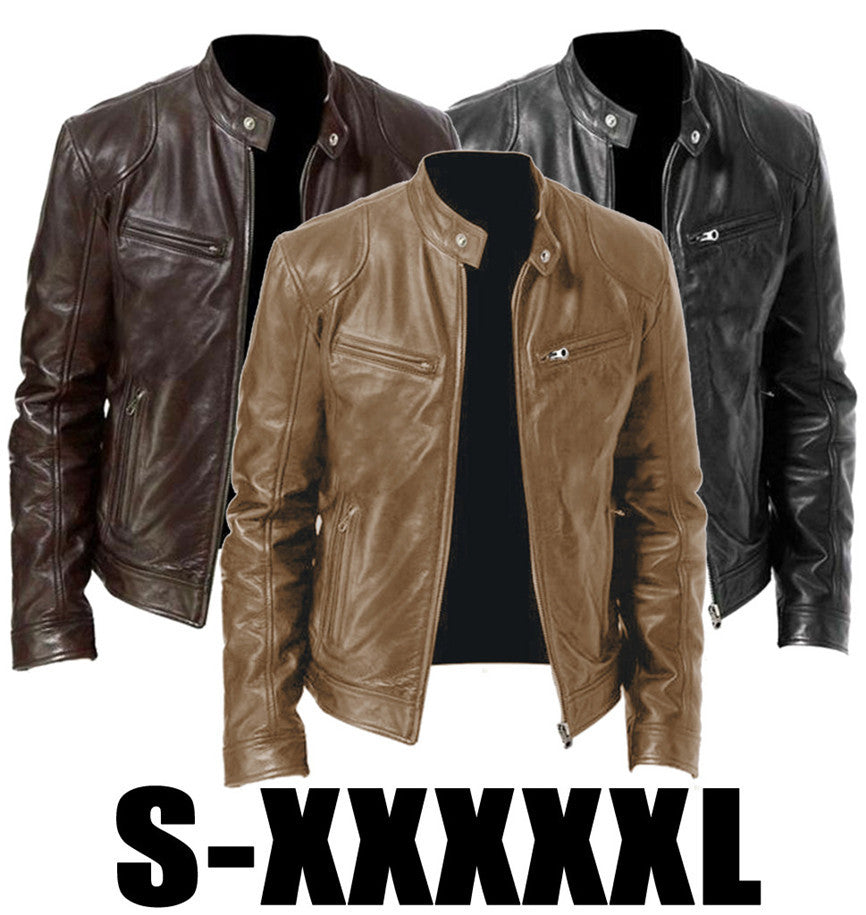 Men's Sleek Leather Jacket with Zip Closure and Stand Collar Design