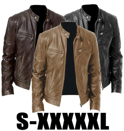 Men's Sleek Leather Jacket with Zip Closure and Stand Collar Design