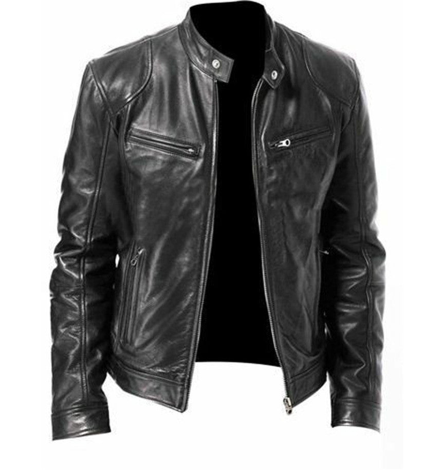 Men's Sleek Leather Jacket with Zip Closure and Stand Collar Design