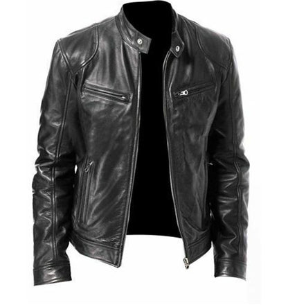 Men's Sleek Leather Jacket with Zip Closure and Stand Collar Design
