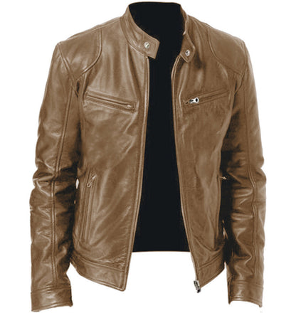Men's Sleek Leather Jacket with Zip Closure and Stand Collar Design