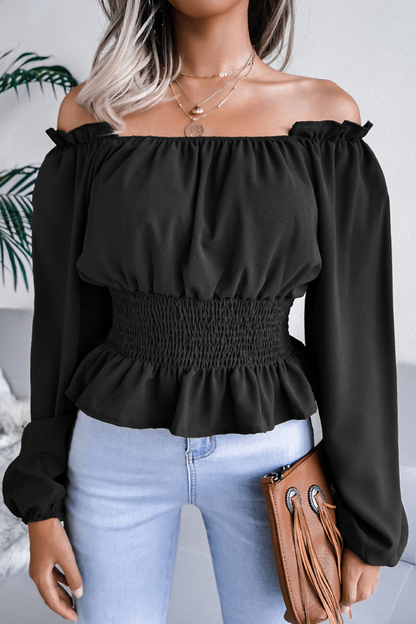 Women's Off-Shoulder Blouse with Smocked Waist and Ruffled Hem
