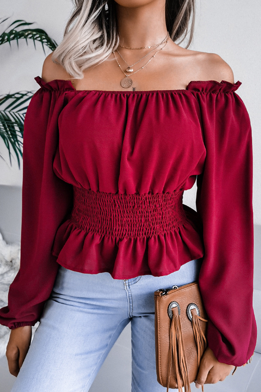 Women's Off-Shoulder Blouse with Smocked Waist and Ruffled Hem