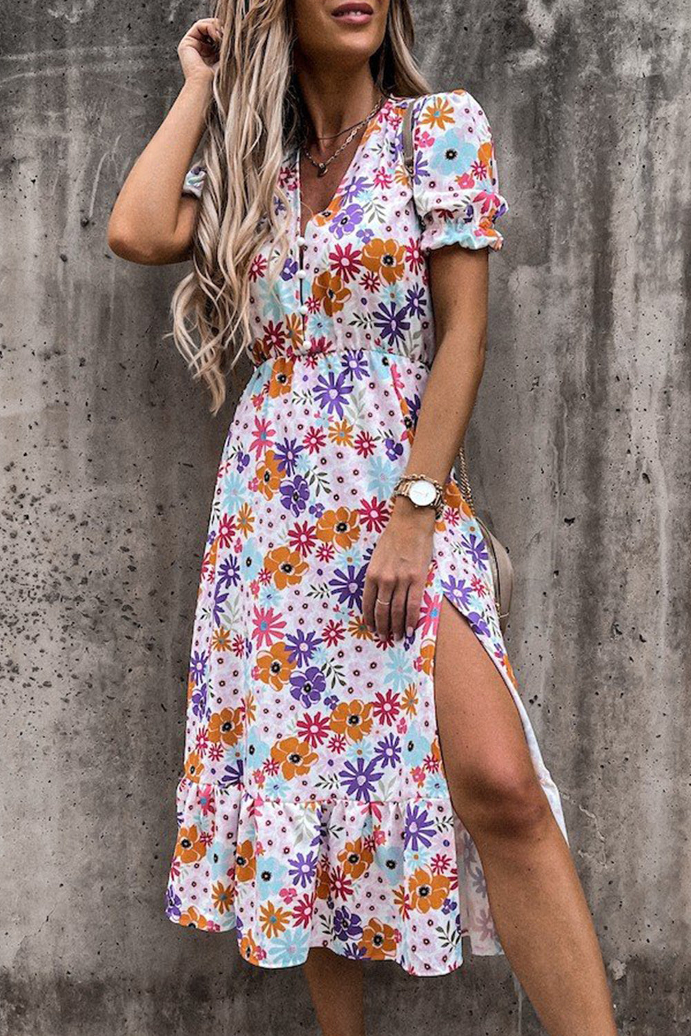Women's Floral Maxi Dress with V-Neck and Side Slit Detail