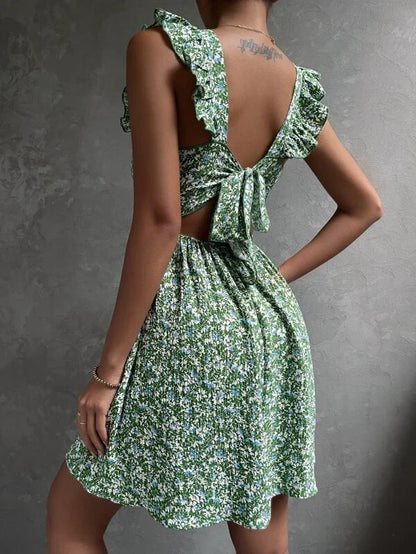 Women's Floral Midi Dress with Ruffle Sleeves and Smocked Waist