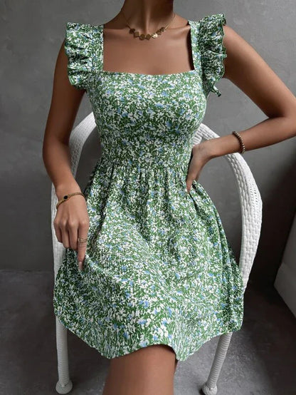 Women's Floral Midi Dress with Ruffle Sleeves and Smocked Waist