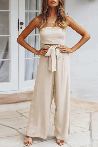Women's Strapless Tie-Waist Two-Piece Set with Wide-Leg Pants
