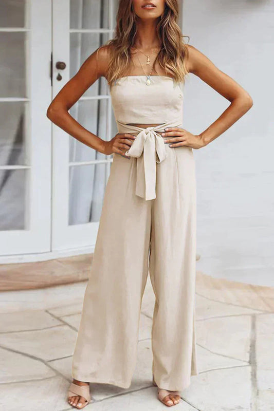 Women's Strapless Tie-Waist Two-Piece Set with Wide-Leg Pants
