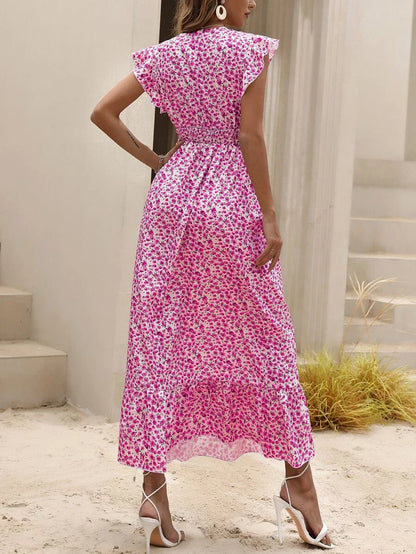 Women's Floral Maxi Dress with Smocked Waist and Ruffle Sleeves