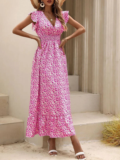 Women's Floral Maxi Dress with Smocked Waist and Ruffle Sleeves