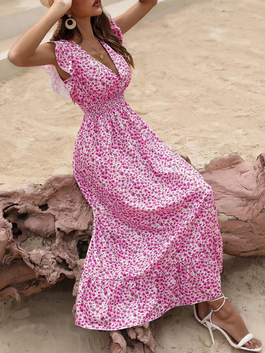Women's Floral Maxi Dress with Smocked Waist and Ruffle Sleeves