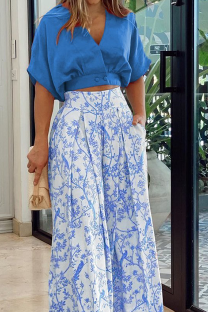Women's Short-Sleeve Crop Top and Wide-Leg Pants Set