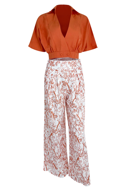 Women's Elegant Two-Piece Set with Cropped Top and Wide-Leg Trousers
