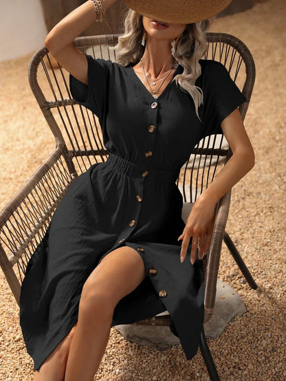 Women's Midi Dress with Button Front and Short Sleeves