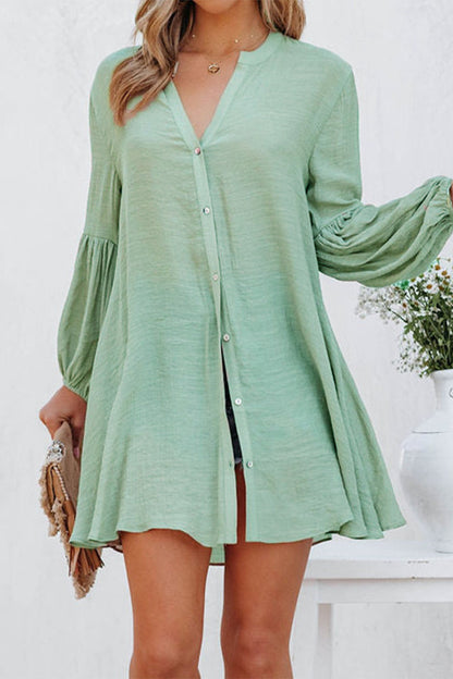 Women's Button-Down Tunic Shirt Dress with Flared Sleeves and V-Neck