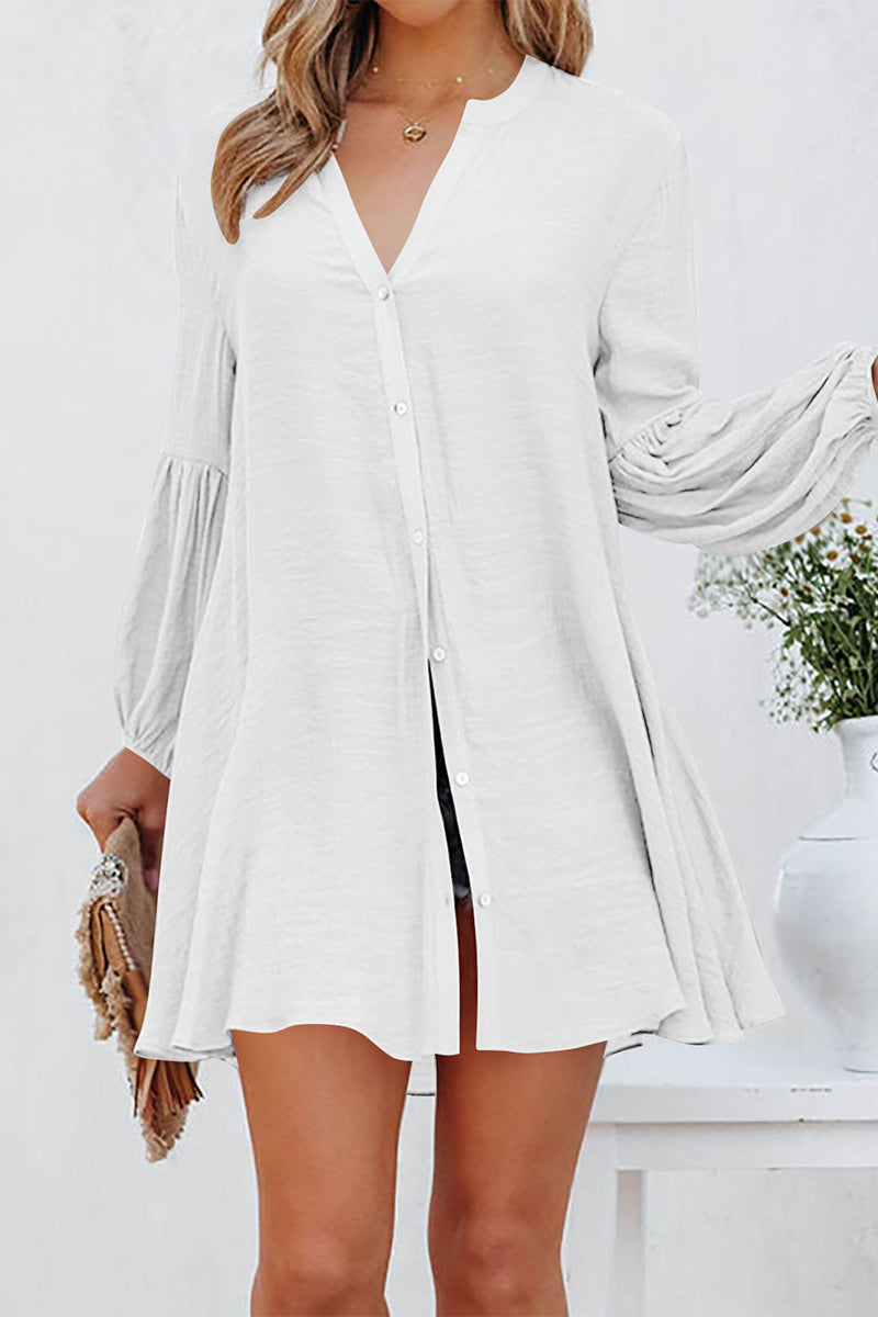 Women's Button-Down Tunic Shirt Dress with Flared Sleeves and V-Neck