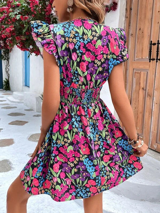 Women's Floral Mini Dress with Smocked Waist and Ruffle Sleeves