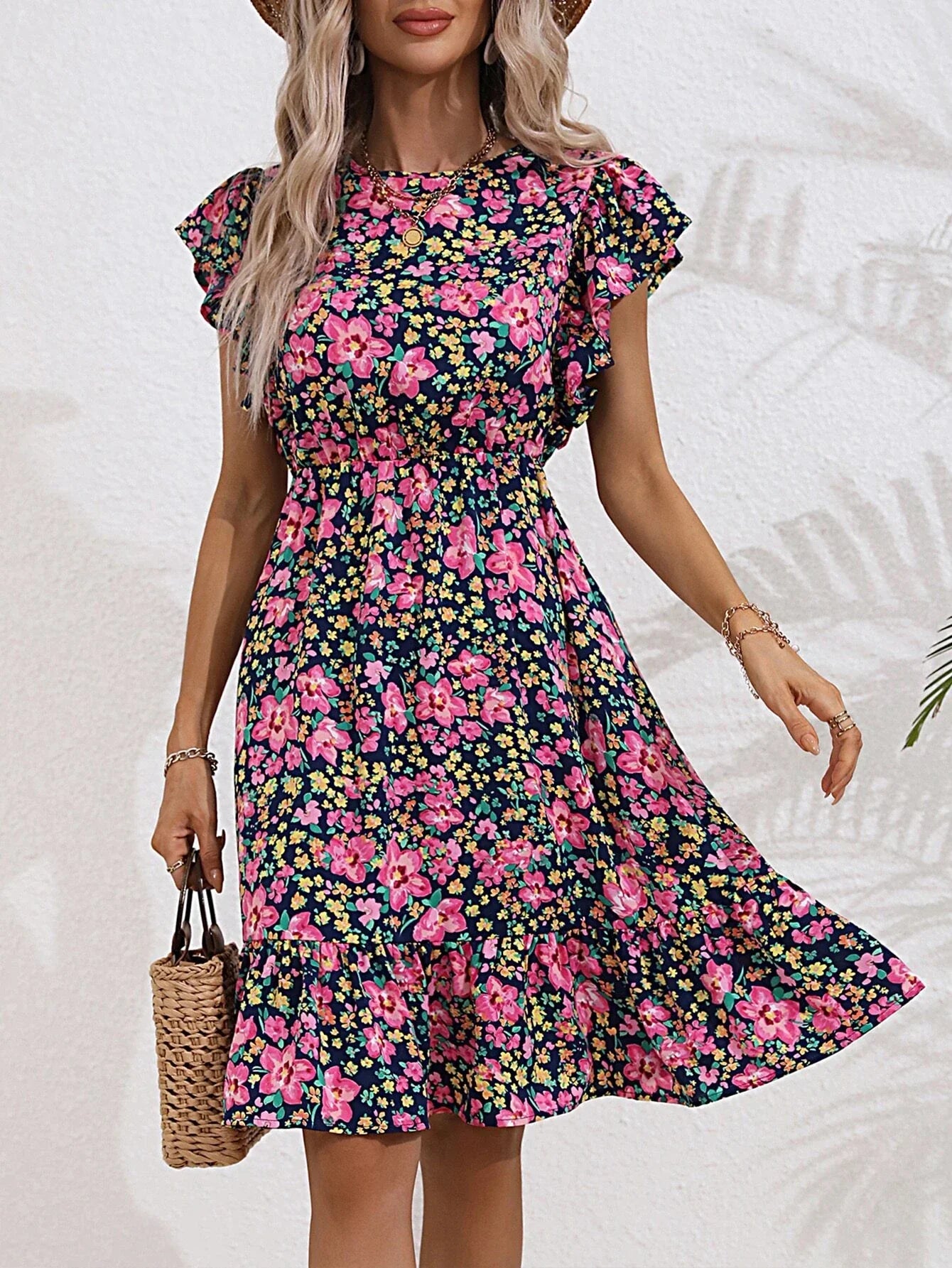 Women's Midi Dress with Ruffle Sleeves and Floral Print