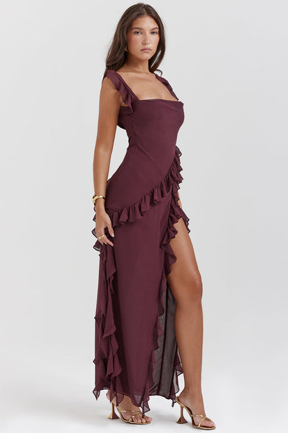 Women's Elegant Ruffle Maxi Dress with Thigh Split