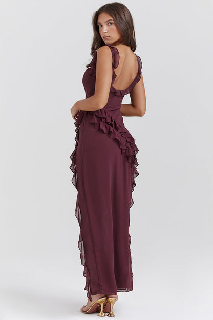 Women's Elegant Ruffle Maxi Dress with Thigh Split